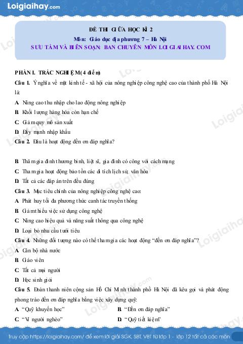 Đề thi giữa kì 2 GDĐP 7 Hà Nội - Đề 3
